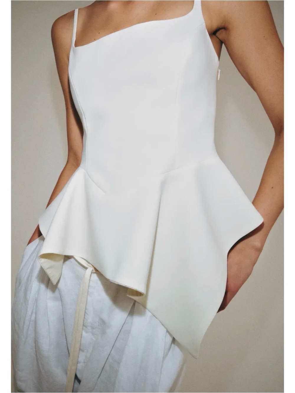 White Asymmetric Peplum Spaghetti Strap Dress